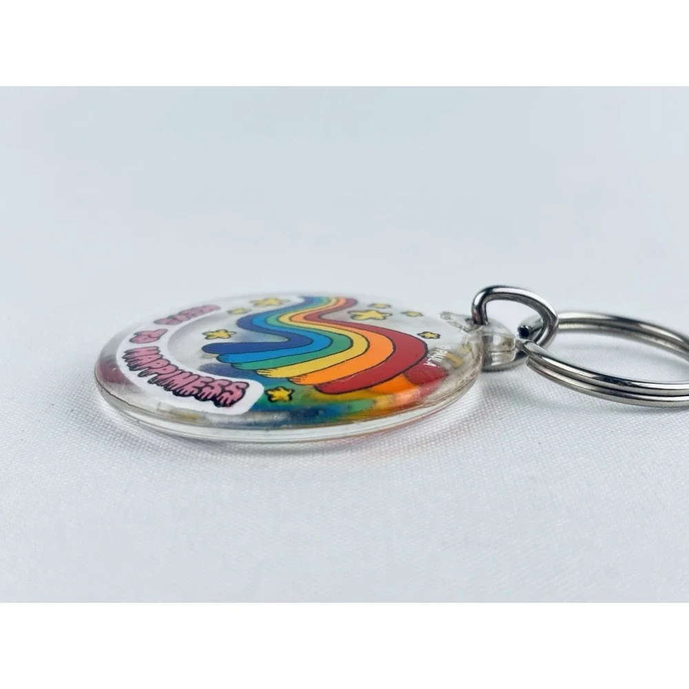 Vintage‎ Keys To Happiness Rainbow Stars Acrylic Round Keychain Key Ring